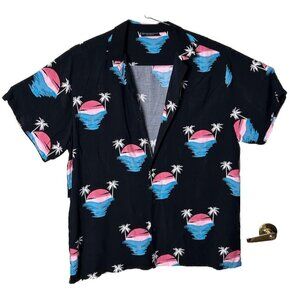 No Boundaries Mens Shirt 2XL Hawaiian Black Palm Trees Short Sleeve button down